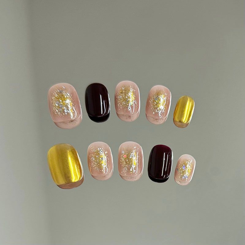 Manufacturer wholesale Autumn color contrast short square false nail is still wearable with adhesive simple set