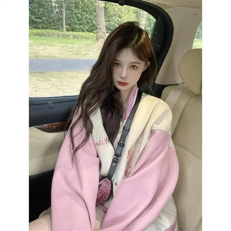 Pink womens baseball jacket Y2k streetwear Korean fashion super large university bomber autumn loose 250228