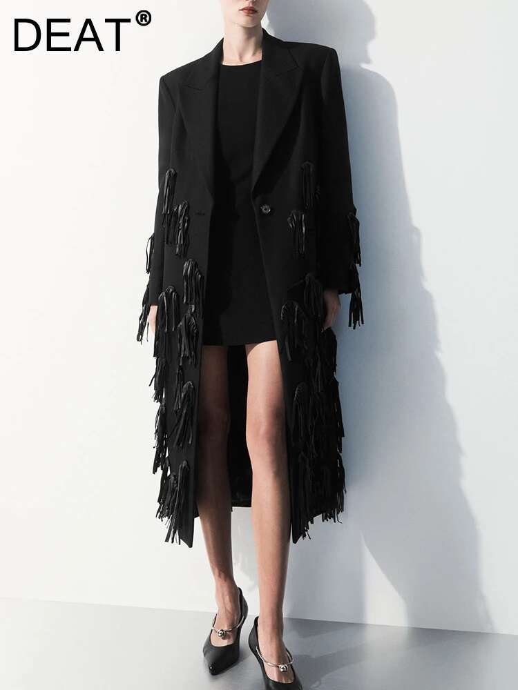 DEAT Women Blazer Coat Lapel Single Breasted Full Sleeve High Waist Loose Tassel Solid Color Elegant Outwear New 2024 15Kb5680