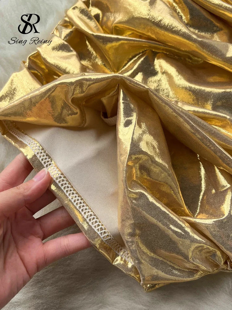 Singreiny French style hollow shiny short skirt fashionable camisole pleated backless sexy dress summer beach mini sun 250227Z