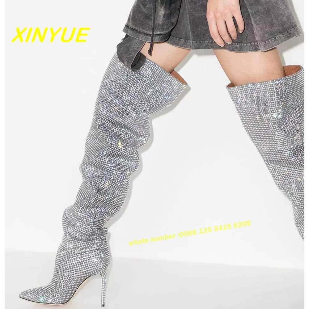 Rhinestone Silver Long Boots Luxury Pointed Toe Slip On Bling Slip On Newest Over The Knee Womens Boots Large Size 43 Solid Z250303