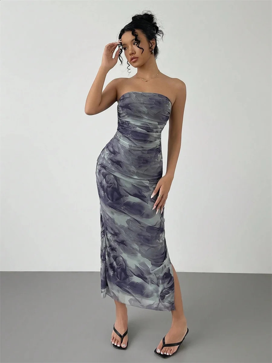 Summer Sexy Sleeveless Strapless Midi Dres Fashion Print Bodycon Party Dresses Beach Sundress Female 250303Z