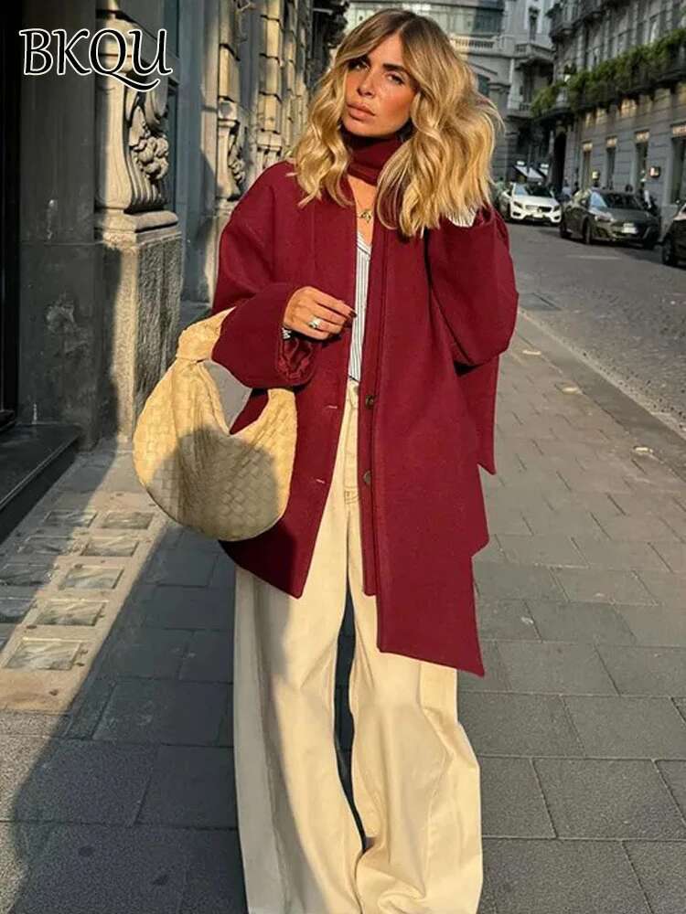 Elegant Single Breasted Woolen Coat Women Scarf Collar Wine Red Long Sleeve Jacket Chic Lady High Street Loose Warm Outwear