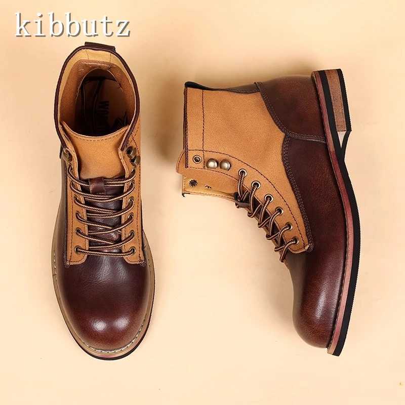 Autumn New British Men Hort Boots Leather Fabric Splicing Lace Up Back Zipper Ankle Boots Vintage Tooling Motorcycle Boots Z250303