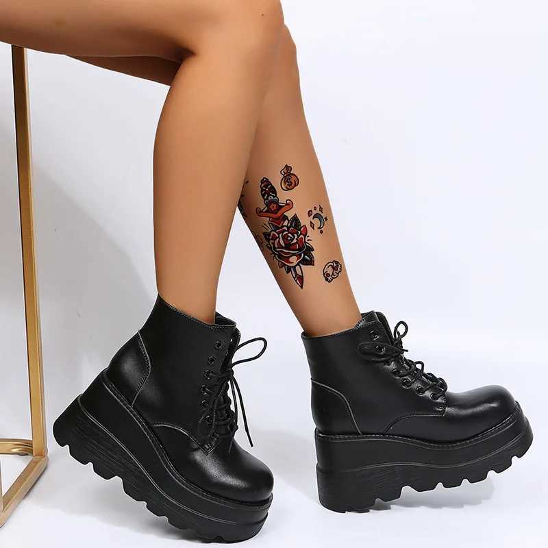 Womens boots high thick sole winter sloping heel lace ankle boots womens shoes glossy black glossy black Z250303