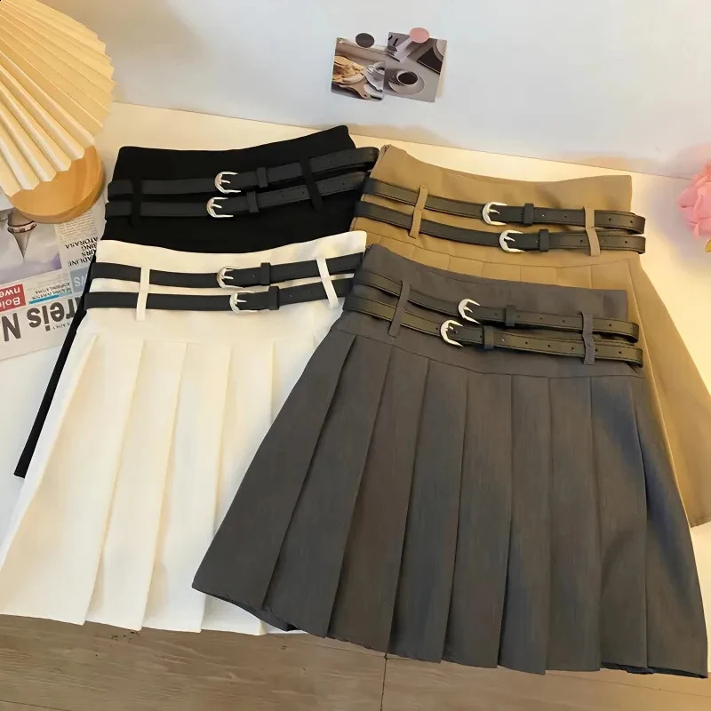 Fashion with Double Belt Pleated Skirts Women Summer High Waist Casual Preppy Mini Skirt Y2K Korean Solid All-Match A Line Skirt 250228