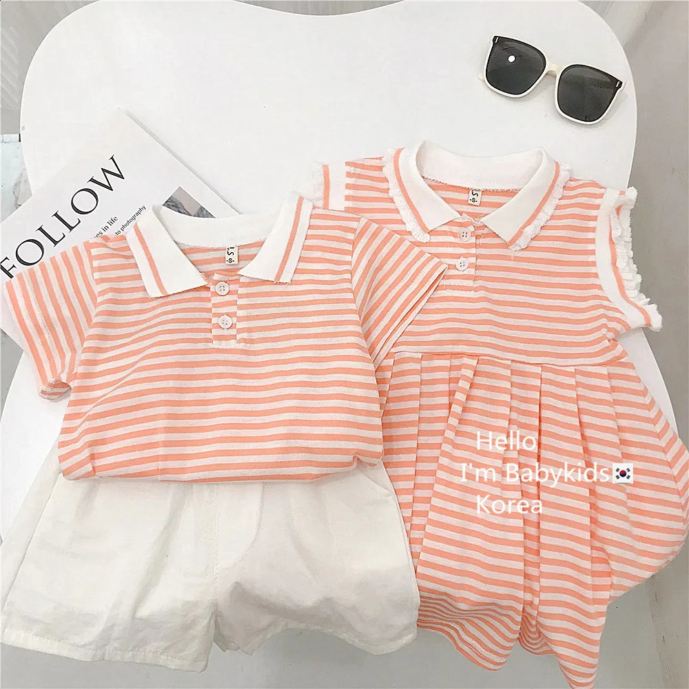 Boys and Girls Summer Clothes Striped Short Sleeve Polo Dress Brother Sister Children 250221