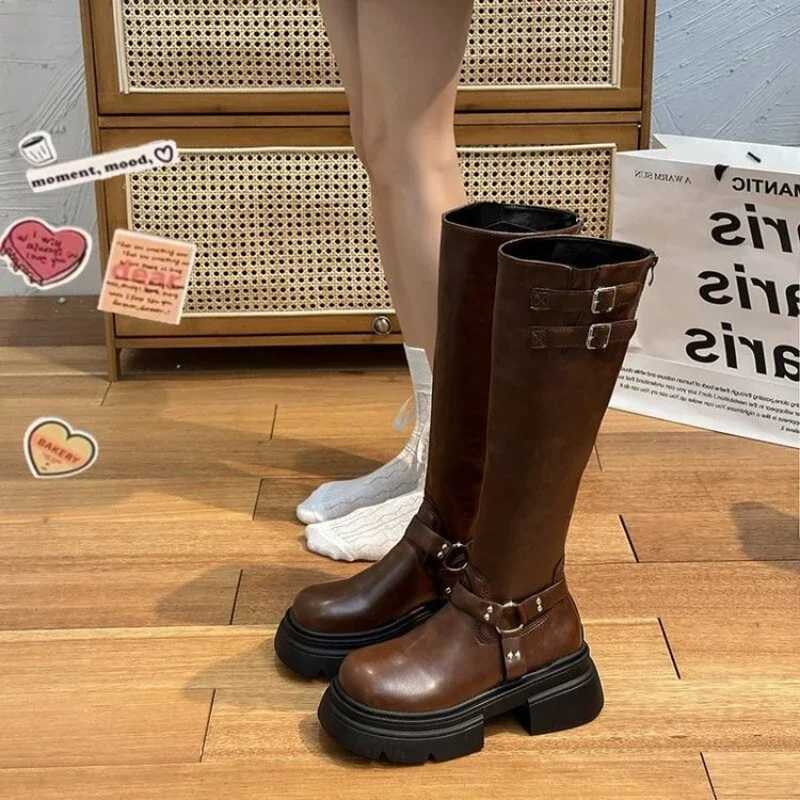 Denim Boots for Women Motorcycle Boots Brown Belt Buckle Round Head High Women Boots Ladies Platform Boot Shoes for Women Z250303