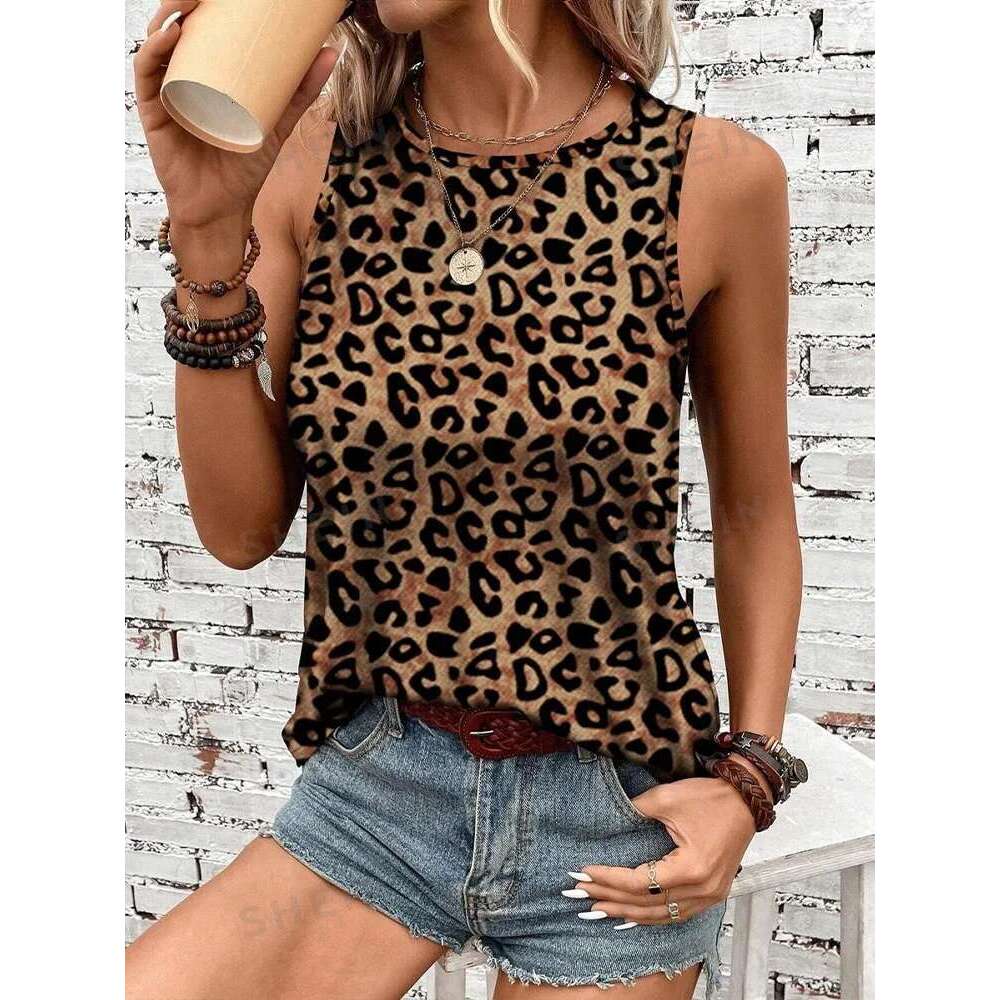Street Fashion Outdoor Sleeveless T-shirt Summer Casual Daily Crew Neck Leopard Print Women's Elegant Tank Top