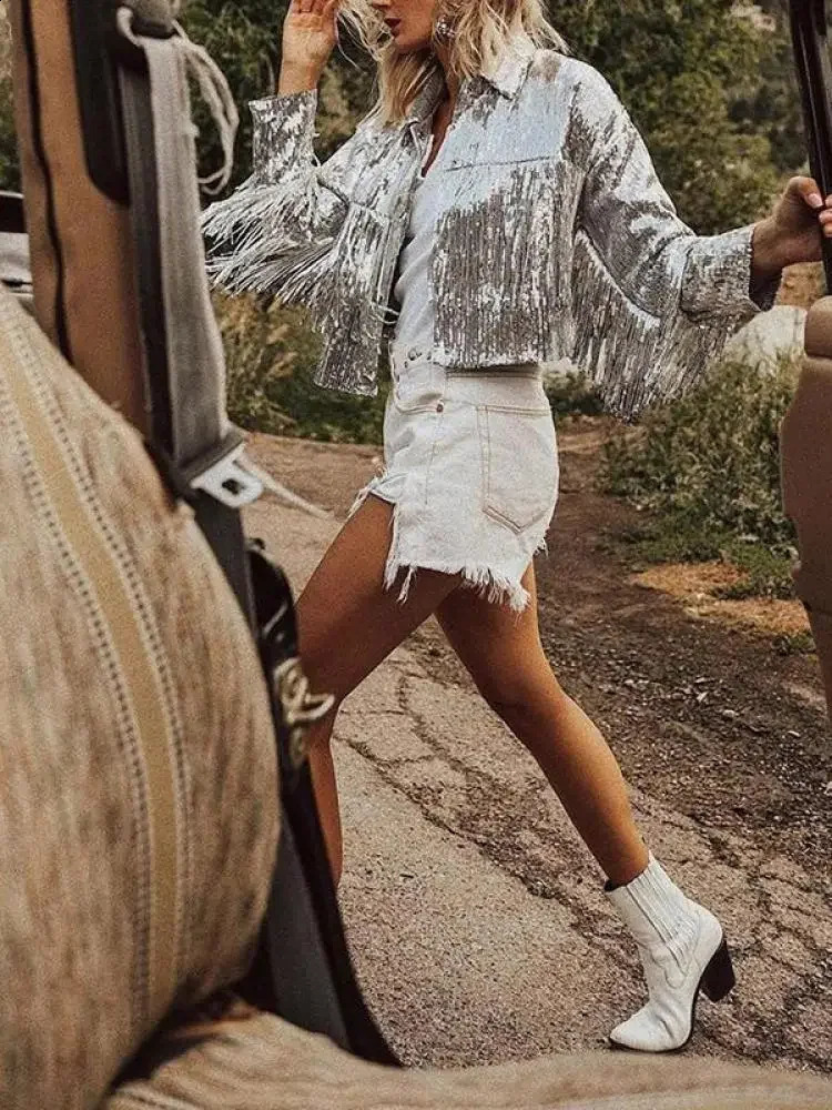 Tassel Sequin Jacket Zipper Autumn Winter Streewear Rock Bf Retro Longsleeved Silver Reflective Coat Women Outwear Tops 250228