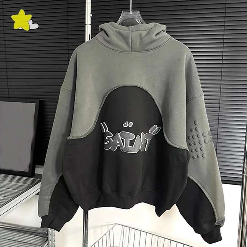24Fw Best Quality 450Gsm Ing Patchwork Saint Hoodie Hooded Men Women Streetwear Foam Color Blocking Pullovers
