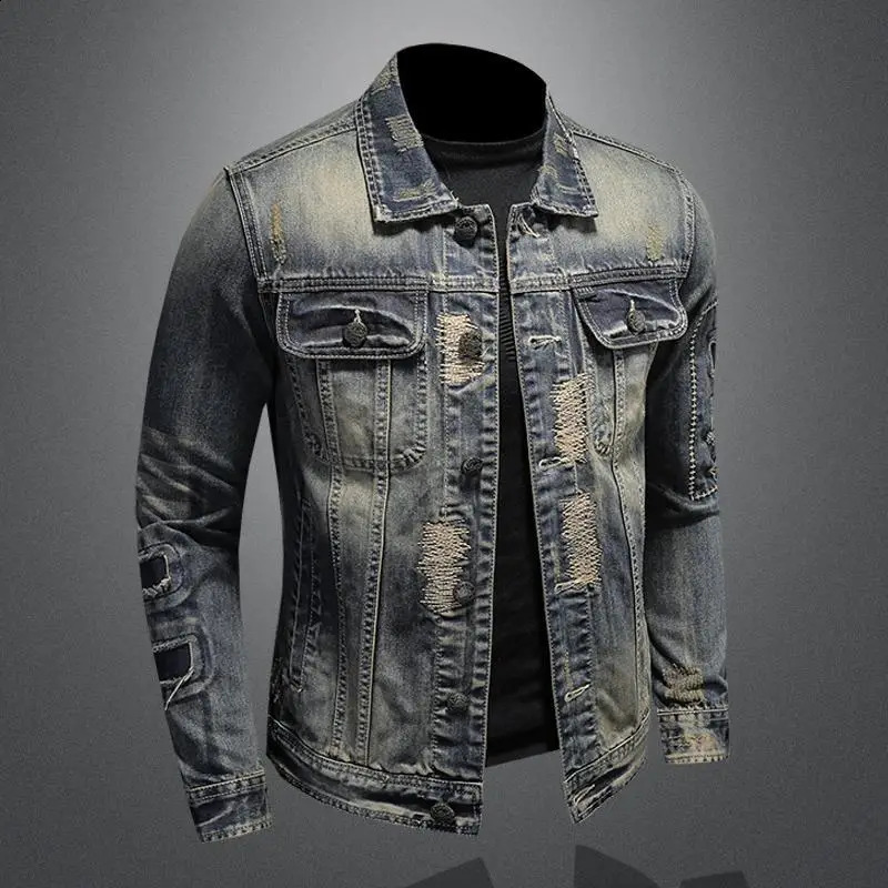 mens denim jacket retro trend loose casual handsome streetwear high street fashion hole Slim lapel w250210