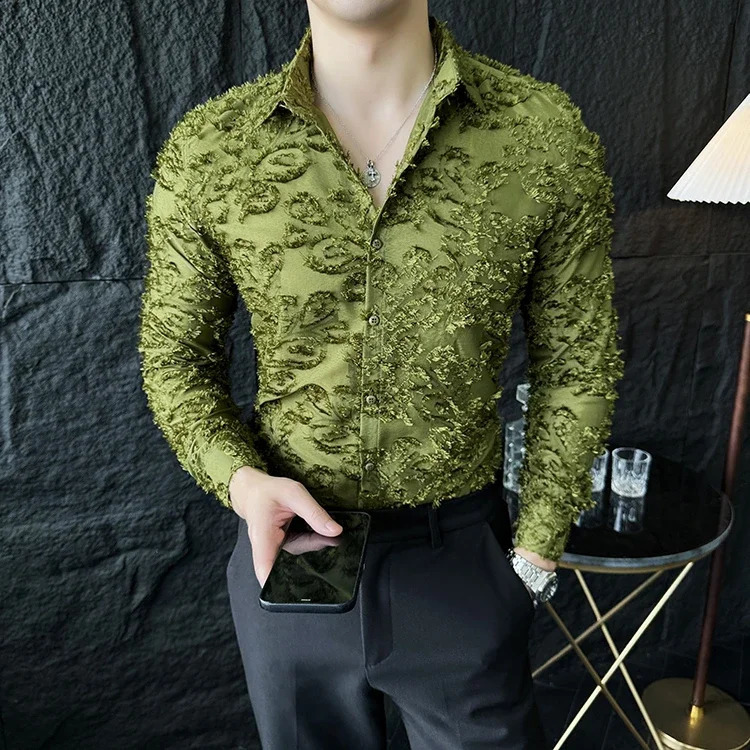 Sexy hollow shirt mens fashionable long sleeved shirt nightclub stage performance clothing casual social tailcoat streetwear 250224