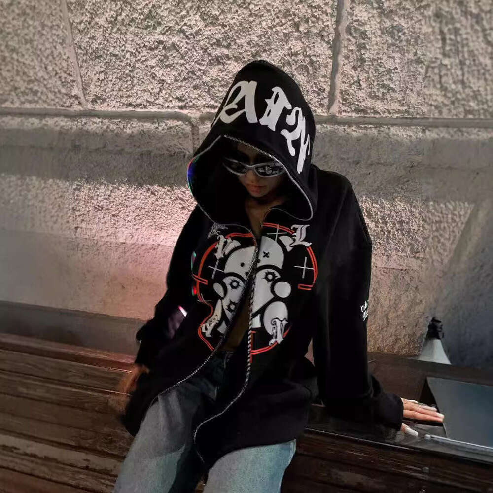 Autumn and Winter Harajuku Y2K Trendy Brand Letter Cartoon Printed Long Zipper Hoodie Coat Loose Gothic INS