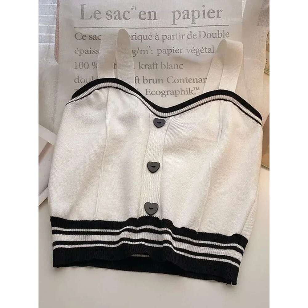 Cute With Y2K Buttons Knitted Crop Ladies Camis For Tops Knit Patchwork Top Women Summer