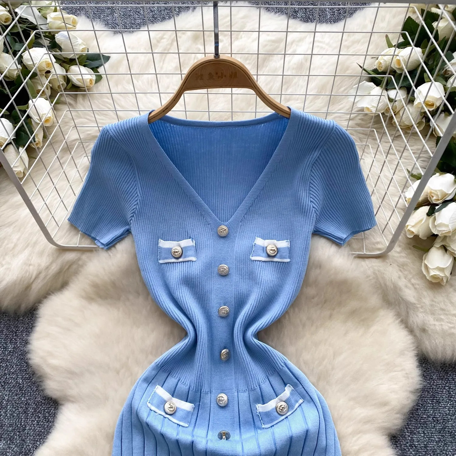 YuooMuoo Chic Fashion Sexy Wrap Hips Knitted Dress Women Vneck Short Sleeve Bodycon Pleated Sweater Office Lady Vestios 250228