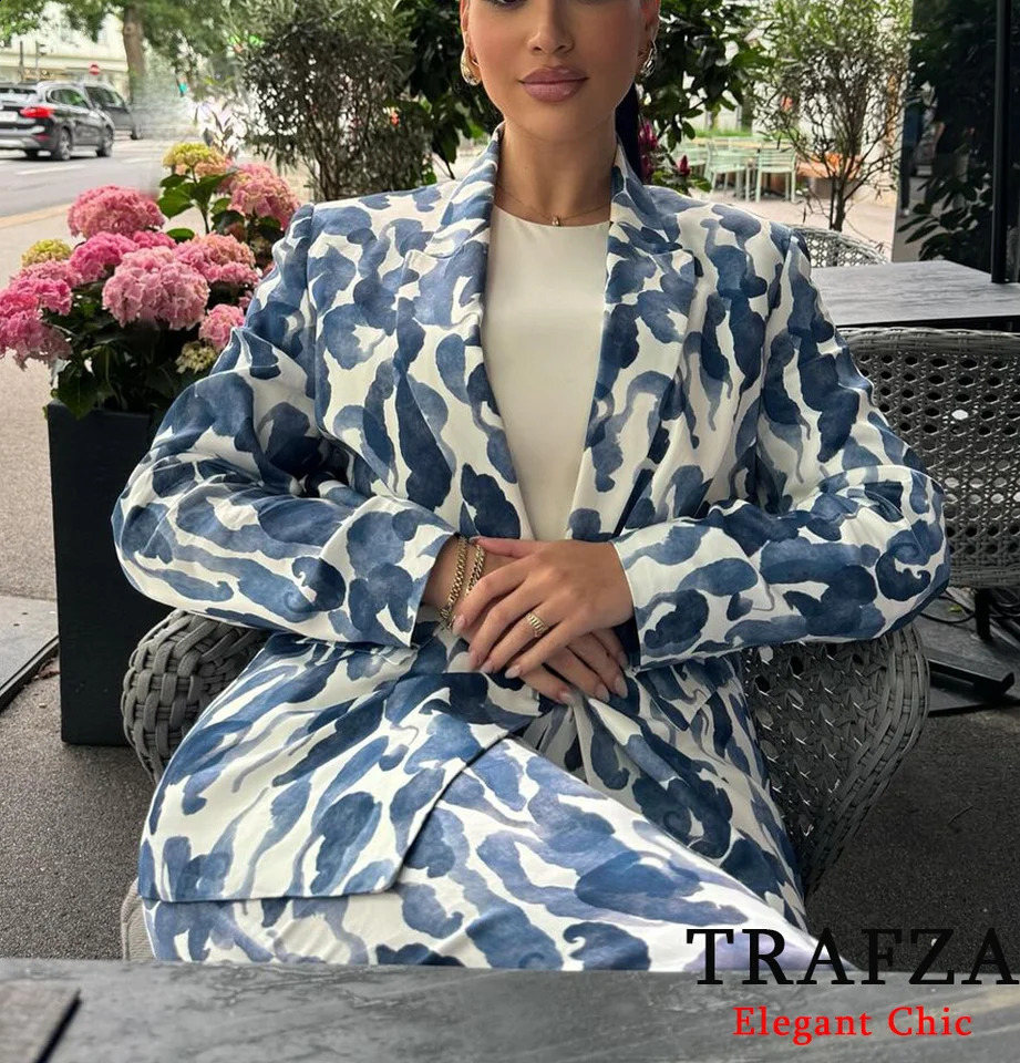 TRAFZA Casual Printed Blazer Suit Womens Lapel Pocket Button with Pant 2025 Spring Autumn Dinner Date 250225