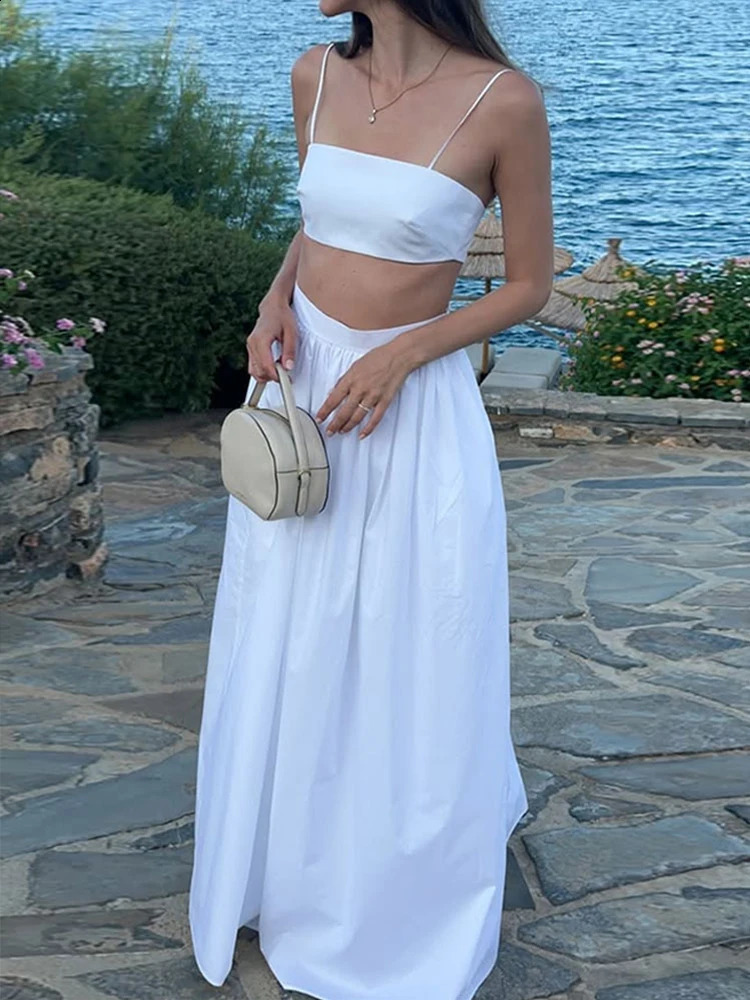 Elegant Women Vest Skirt Sets Sexy Sleeveless Crop Top High Waist A-line Long Skirts Female Suit 2025 Spring Summer Lady Outfits 250228