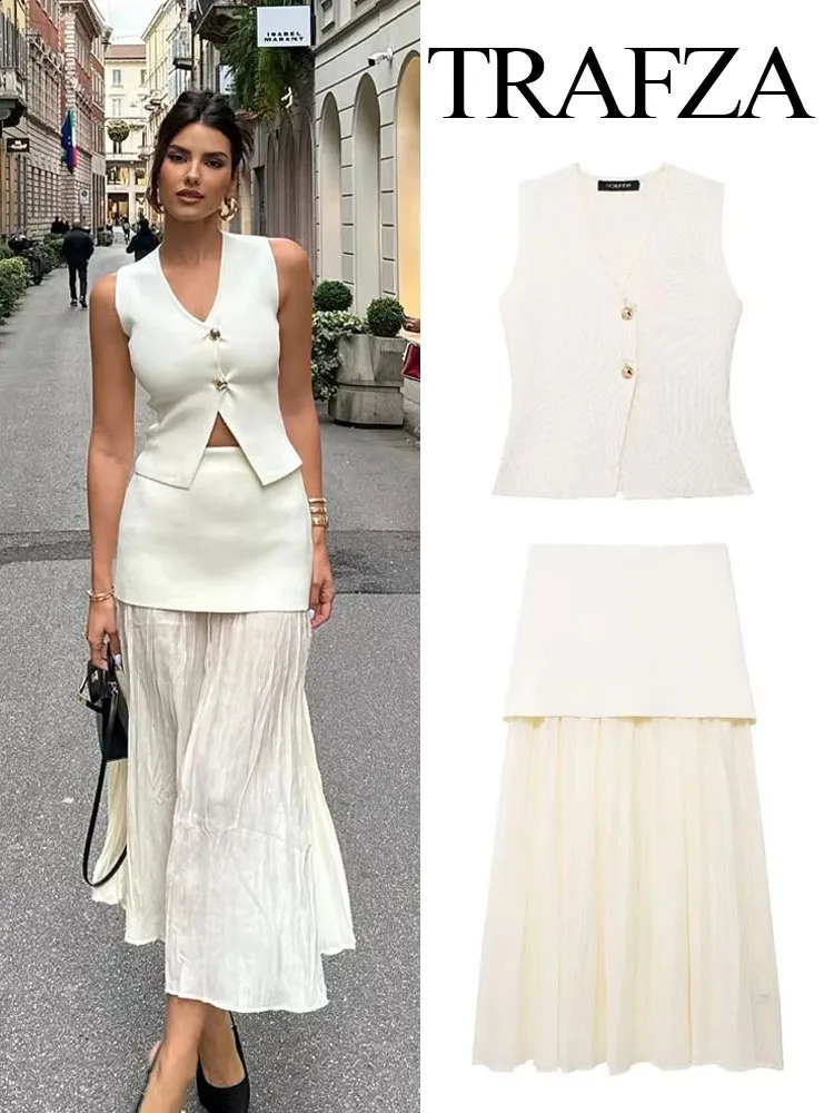 TRAFZA Women 2 Piece Set Chic V-Neck Sleeveless Button Knitted Vest TopSplicing High Waist Side Zipper Ankle-Length Skirt TRAF 250225