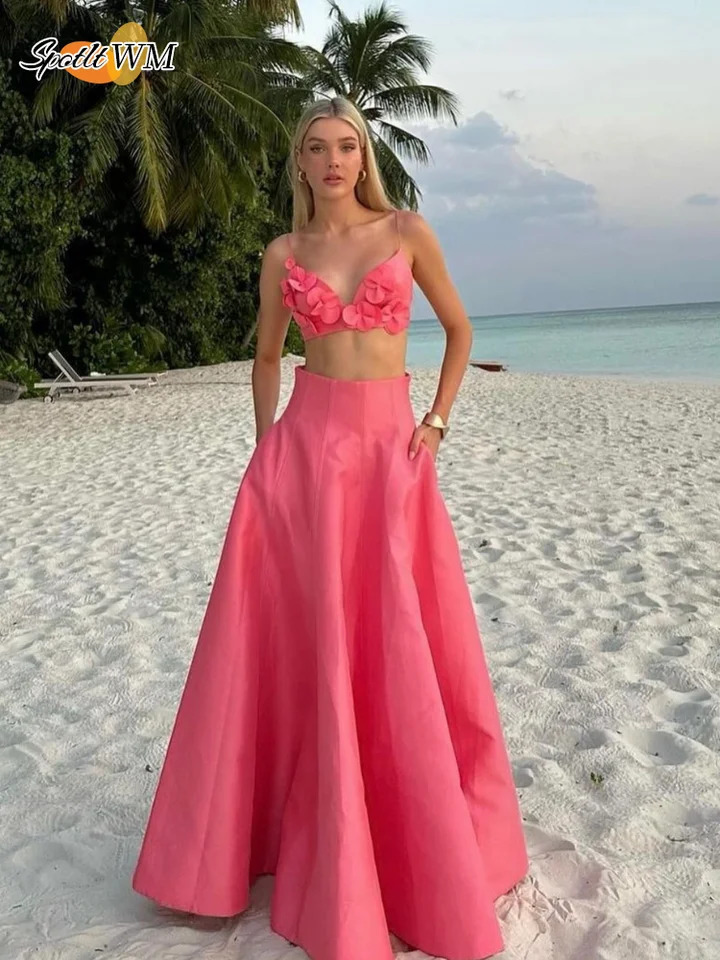 2025 Women Chic 3d Pink Flower Applique Cropped Tops Set Fashion High Waist Long Skirts 2 Piece Suit Sexy Vocation Beach Outfits 250228