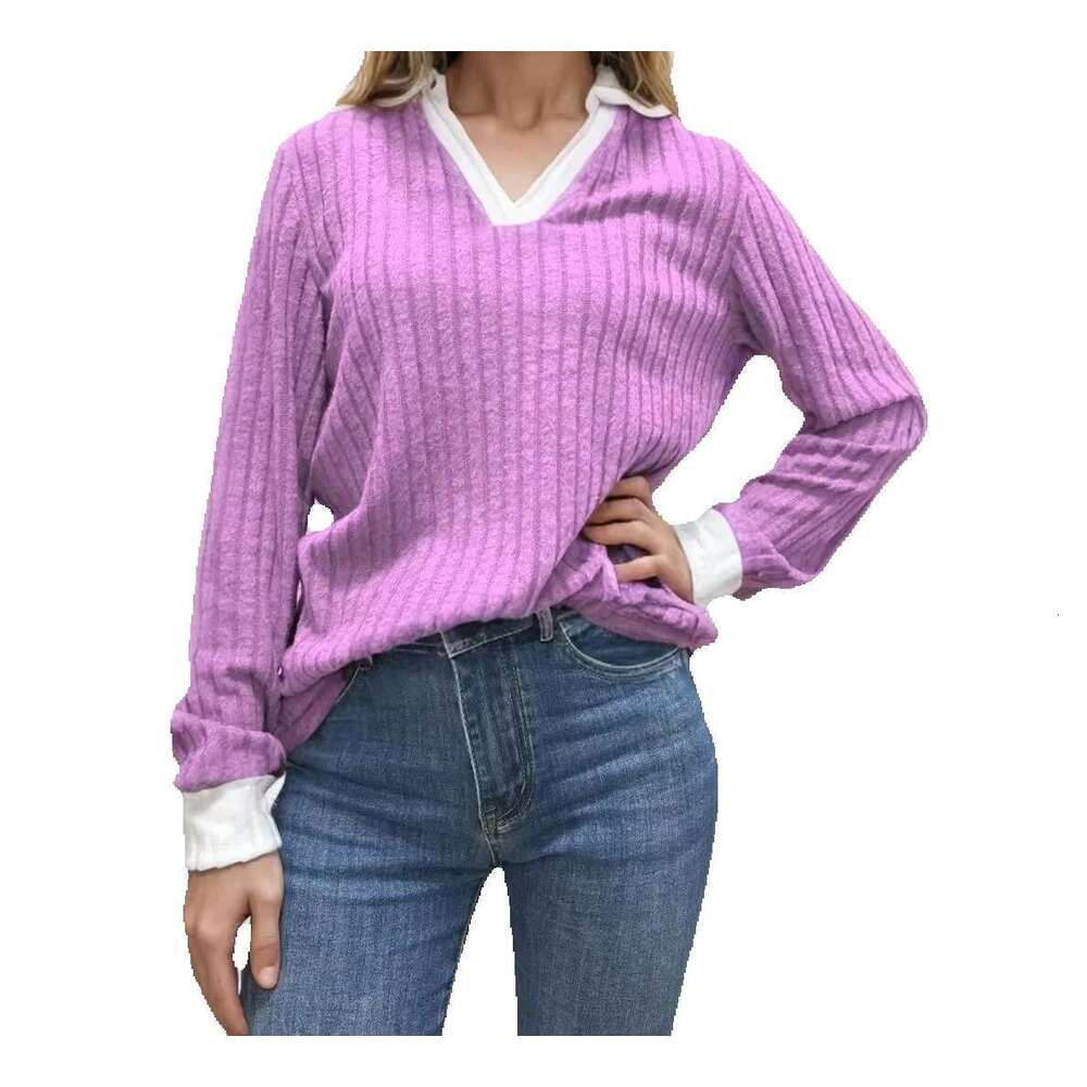 2024 Vintage European American Women's Top New V-Neck Contrast Winter Casual Sweatshirt