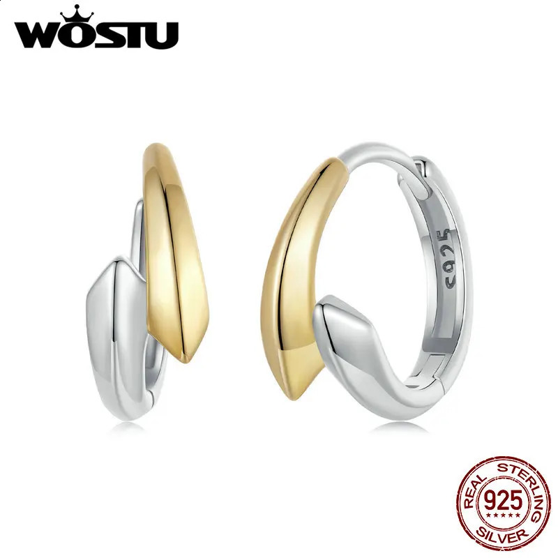 WOSTU 925 Sterling Silver Simple Two tone Hoop Earrings For Women Yellow Gold Geometry Ear Burckles Wedding Engagement Pendant 250228