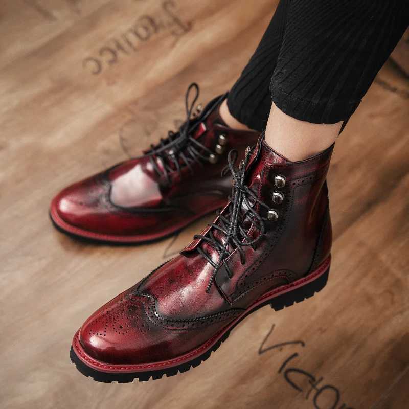 New Style Red Mens Leather Boots Fashion Lace-up Casual Ankle Boots for Men Luxury High-top Dress Shoes Men Cowboy Boots Z250303
