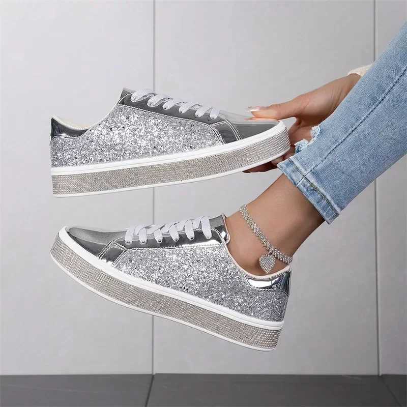 Sequin Pink Leather Tennis Glitter Slip on Casual Sneaker Women Spring Autumn Comfort Lace-up Flat Gold Womens Shoes M250303
