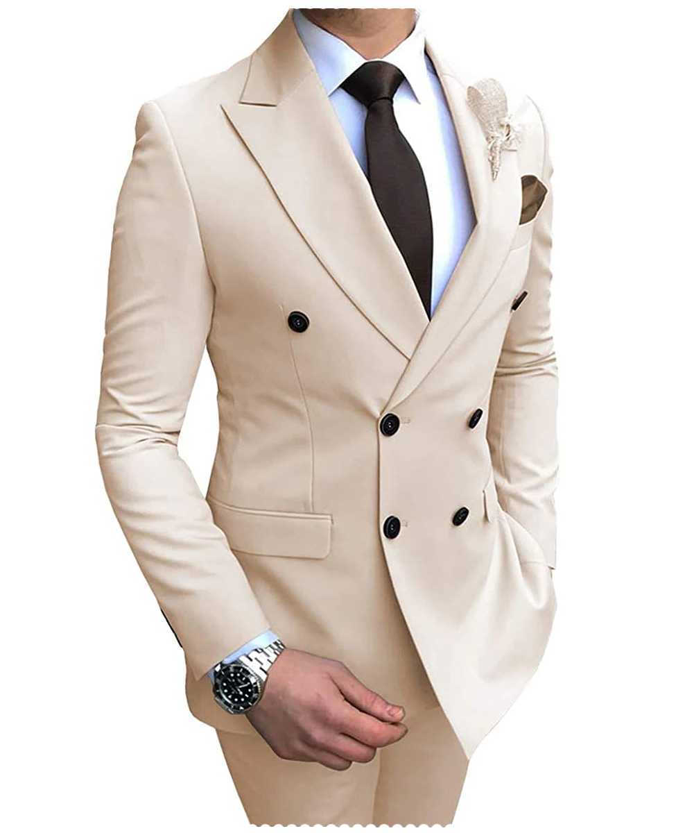 New Beige Mens Suit 2 Pieces Double Breasted Notch Lapel Flat Slim Fit Casual Tuxedos For Wedding(Blazer+Pants) M250303