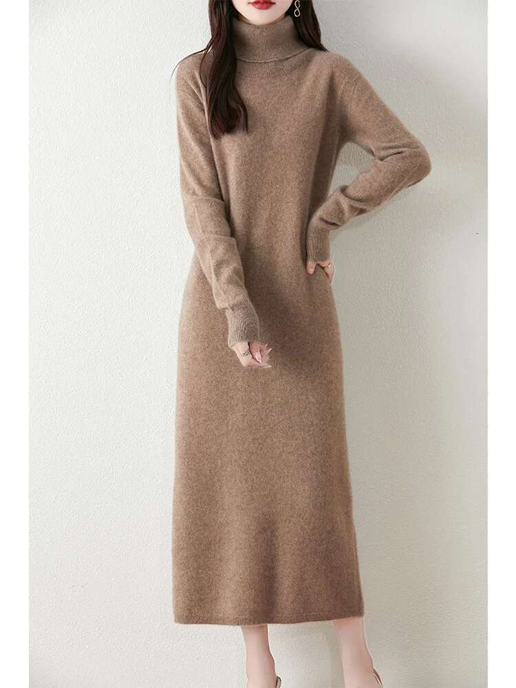 Autumn Winter Women's Turtleneck Sweater Dress Basic Pullover Casual Cashmere Skirt 100% Merino Wool Knitwear Soft Clothing