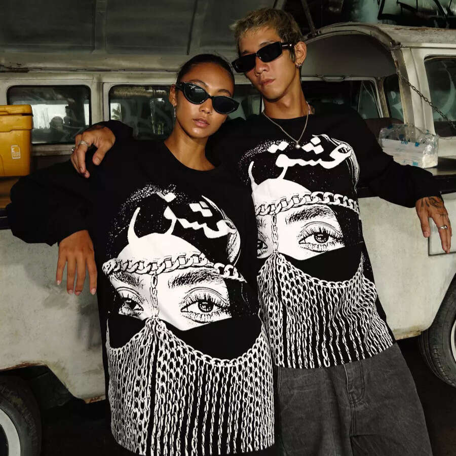 American style new round neck figure print loose street hip-hop autumn long sleeved couple casual