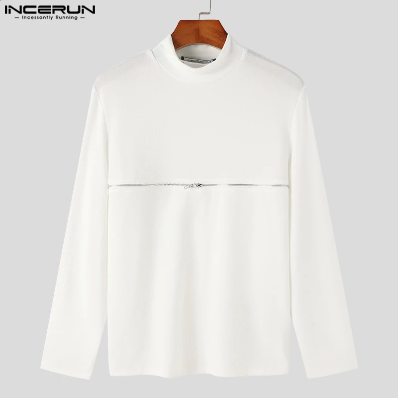 INCERUN Mens T Shirts Solid Color Turtleneck Long Sleeve Fitness Streetwear Shirts Hollow Out Zipper Casual Mens Clothing 250226
