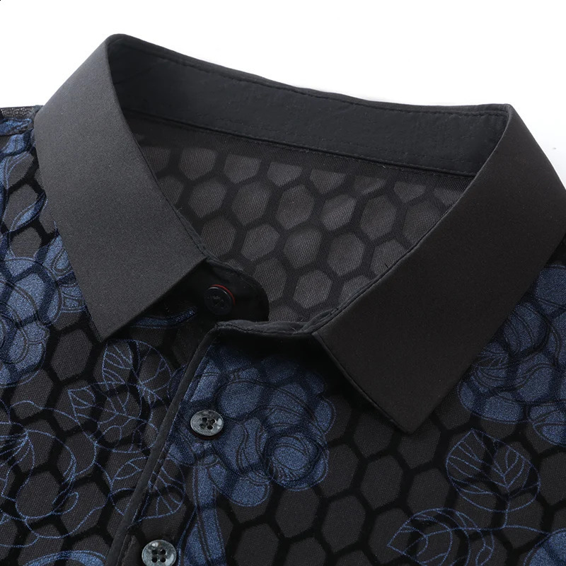 Blue Floral Mesh Hollow Polo Shirts For Men Short Sleeved Fashion Summer Quality Velvet Soft Comfortable Silky Mens Shirts 250228
