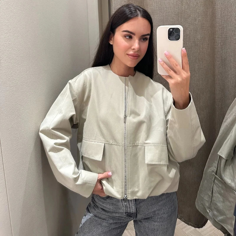 Womens fashion casual plus size round neck windproof jacket top 250228