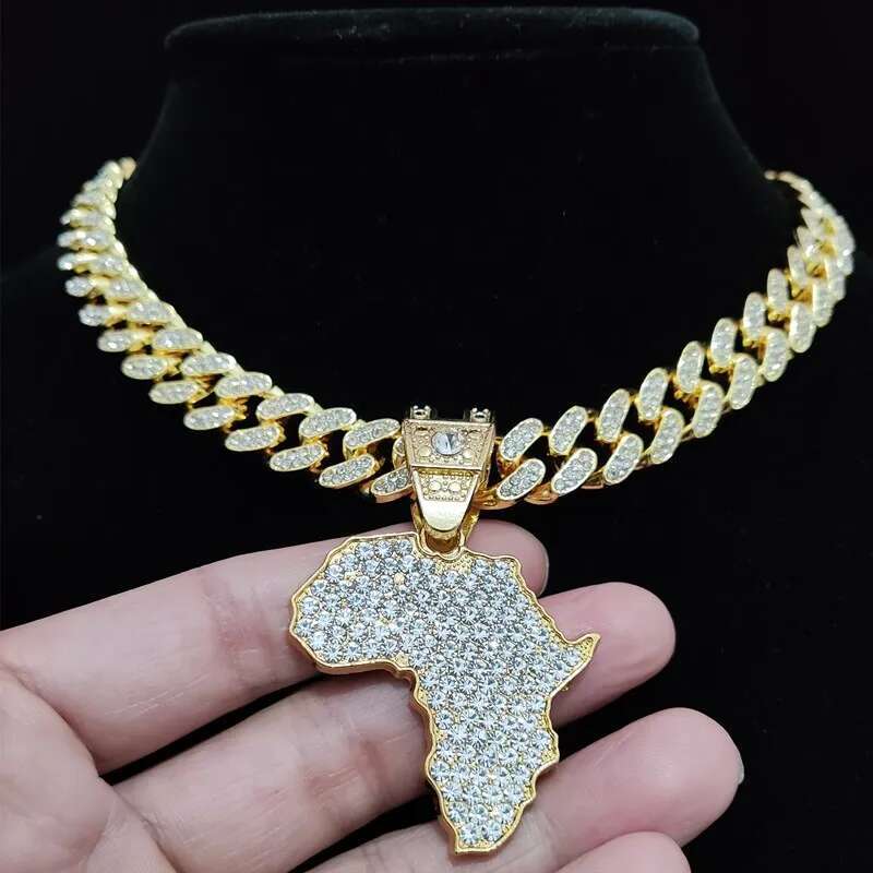 Men Women Hip Hop Iced Out Bg Map ofrica Pendant Necklace with 13mm Cuban Chain HipHop Necklaces Fashion Charm Jewelry