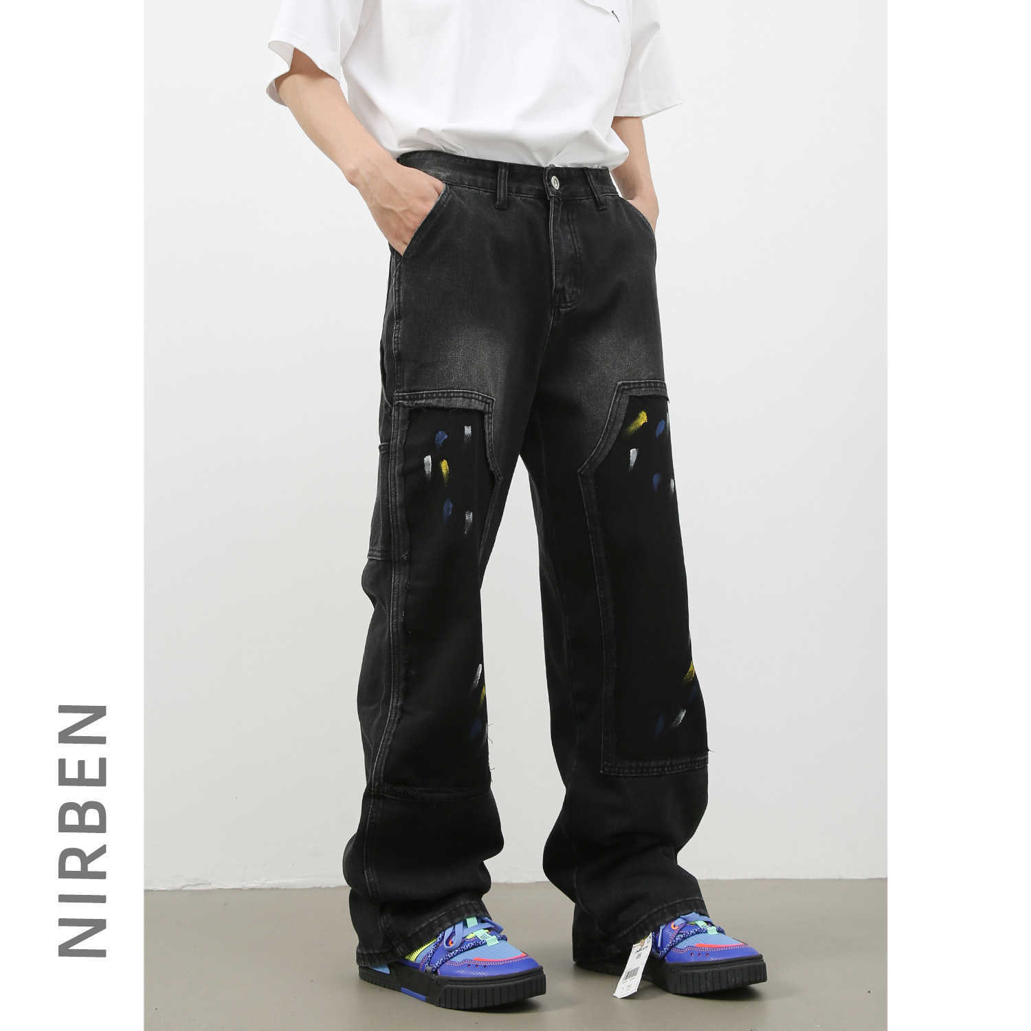 American high street straight drum splash-ink jeans men's retro brand loose straight drum wide leg pants J250303
