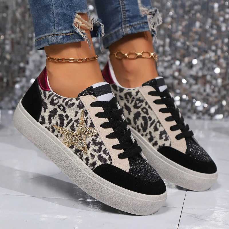 Womens Round Toe Leopard Print Casual Sneakers With Sequins Stars Decor Black Thick Bottom Lightwear Fashion Woman White Shoes M250303
