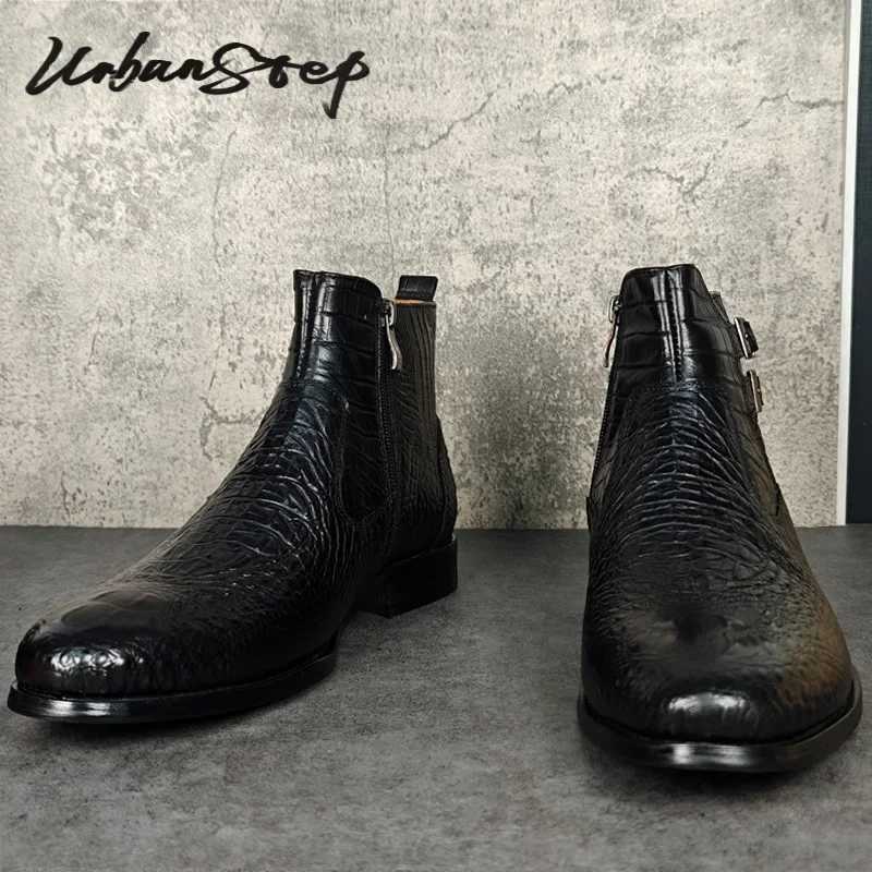 Luxury Men Ankle Boots Shoes Black Crocodile Printed Zipper Chelsea Double Buckle Genuine Leather Dress Men Boots Z250303