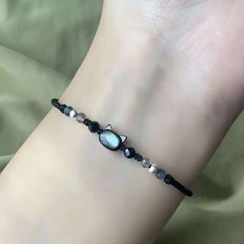 2pcs Natural Moonstone Obsidian Bracelets Couple Minimalist Handmade Cute Black White Cat Bracelet Party Jewelry Gifts