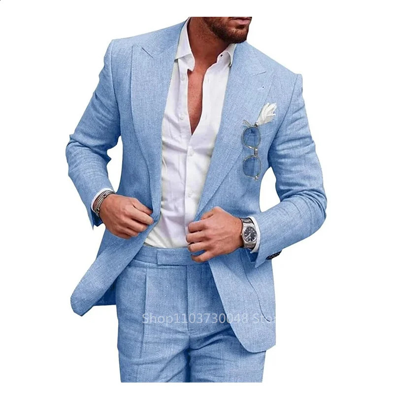 Light BlueBeige Linen Wedding Men Suit Casual Single Breasted Slim Fit Blazer Pants High Quality Summer 2 Piece Costume Mens 250224Z