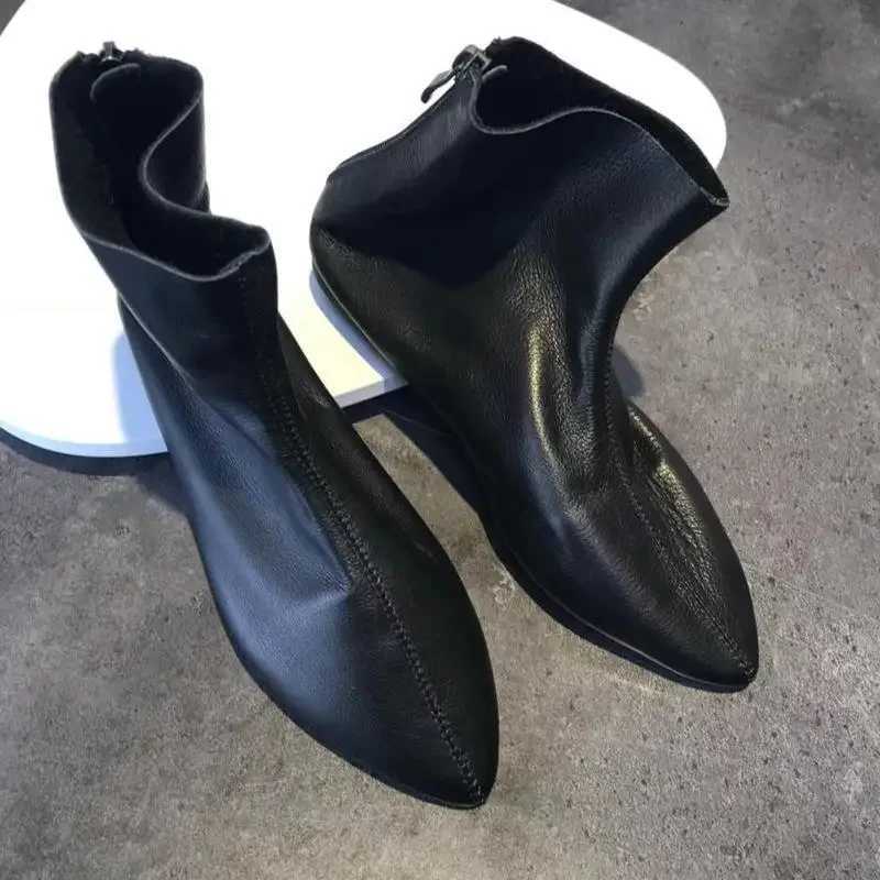 Pointed Toe Flat Single Short Boots Womens Soft Genuine Cow Leather Flat Non-slip Versatile Booties Size44 Z250303