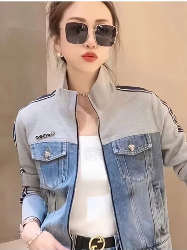 Jeans Womens Jacket Vintage Patchwork Lapel Striped Spring Thin Zipper Short Long Sleeve Tops Pockets Buttons Coats 250228