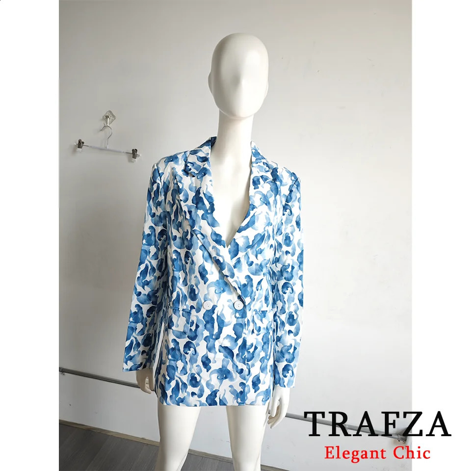 TRAFZA Casual Printed Blazer Suit Womens Lapel Pocket Button with Pant 2025 Spring Autumn Dinner Date 250225