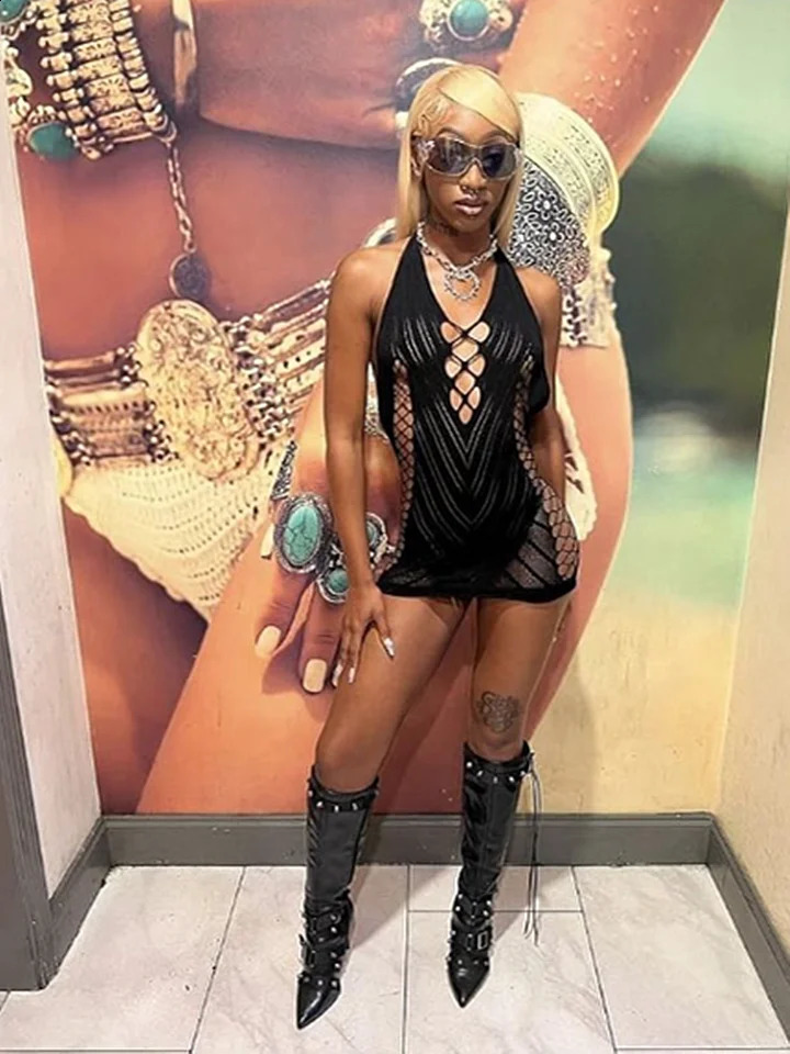 Transparent Lace Short Dress Backless Hollow Halter Nightgown Sexy Womens Pajamas Nightwear Nightdress Party Club Mini Dresses 250227Z