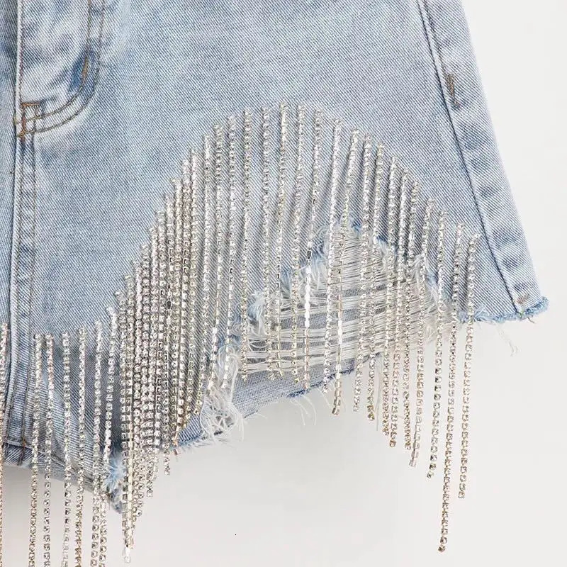Summer Ripped Jeans Short Femme High Waist Diamond Tassel Casual Bottoms For Ladies Denim Clothing Fashion 250303