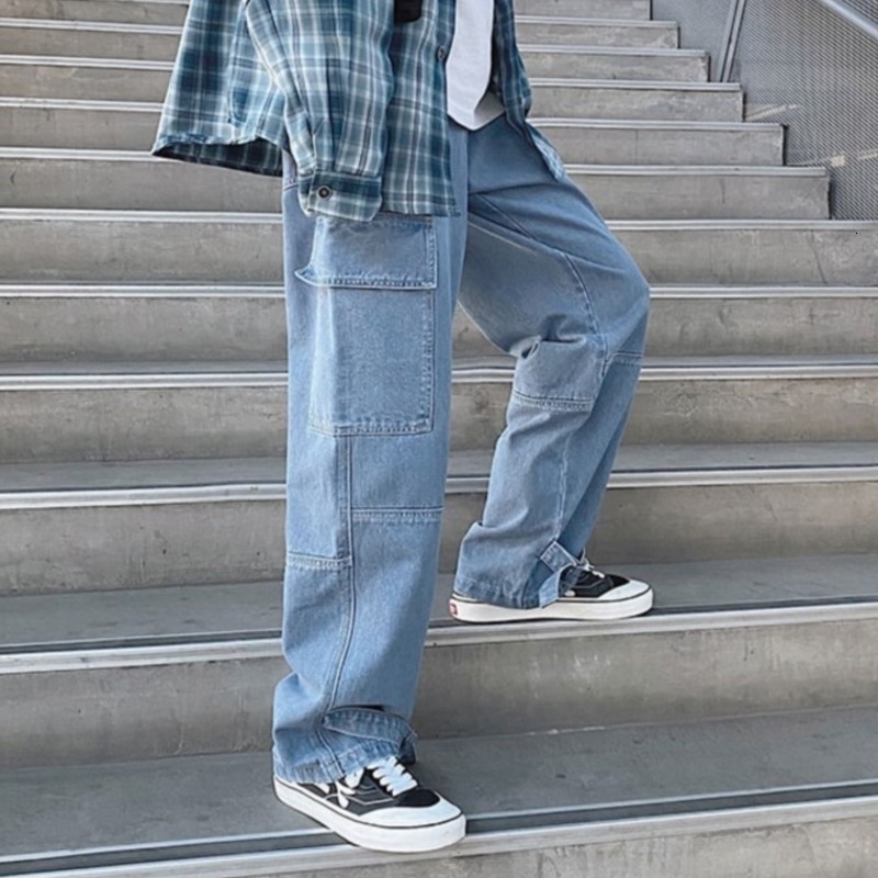 Product jeans mens loose straight pocket drag pants hiphop streetwear skateboarding unisex wide leg 250228Z