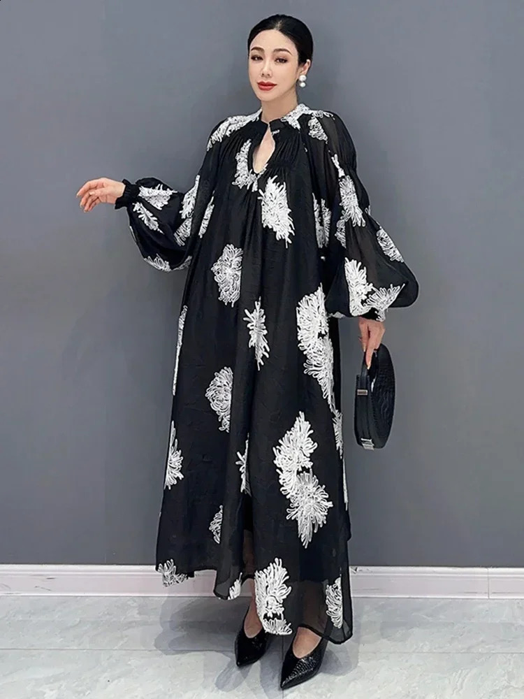 XITAO Loose Print Dress Fashion Temperament Elegant Goddess Fan Women Autumn Arrival Vneck Appear Thin HQQ1452 250228