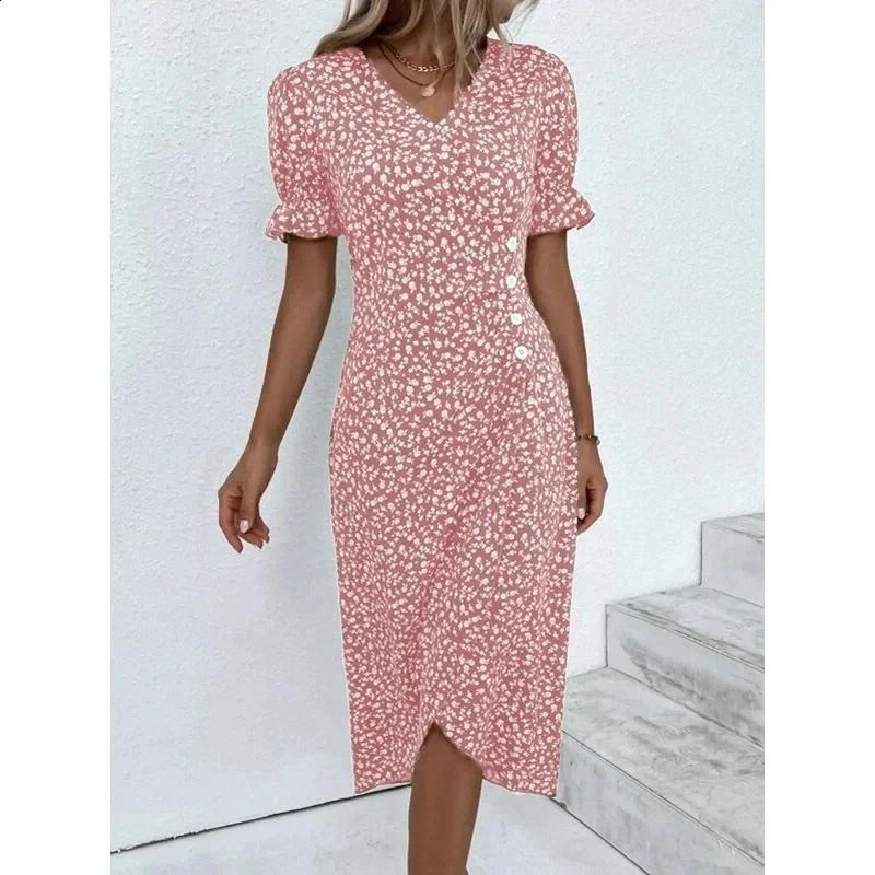 Spring Floral Bodycon Midi Dress For Women V Neck Long Sleeve Ruched Slim Fit Dresses Female Sexy 250303Z