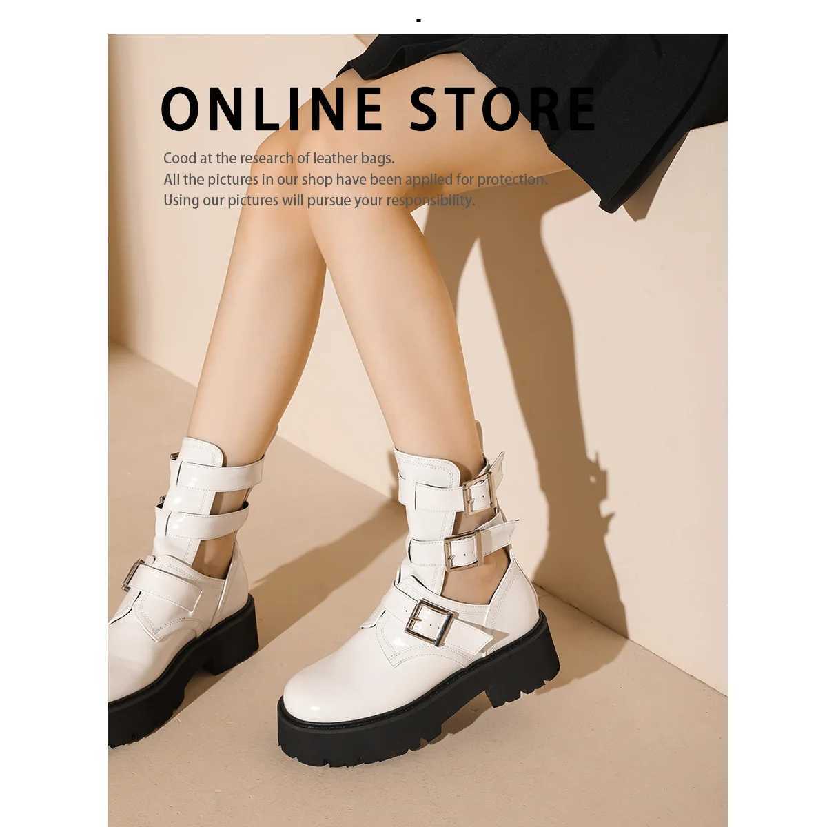 Womens Boots Summer Leather Hollow Med Heel Platform Shoes Modern Solid Black White Punk Gothic Sandals Luxury Designers Spring Z250303