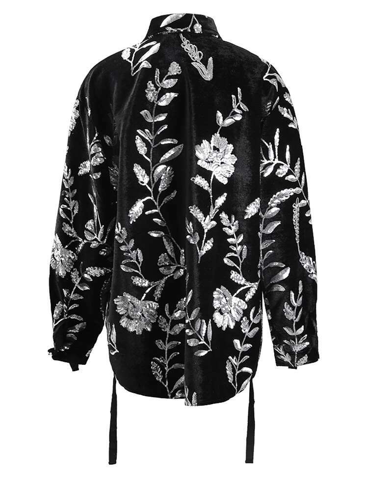EAM Red Irregular Sequins Ribbon Big Size Blouse Women New Lapel Long Sleeve Shirt Fashion Tide Spring Autumn 2025 Cpg1245